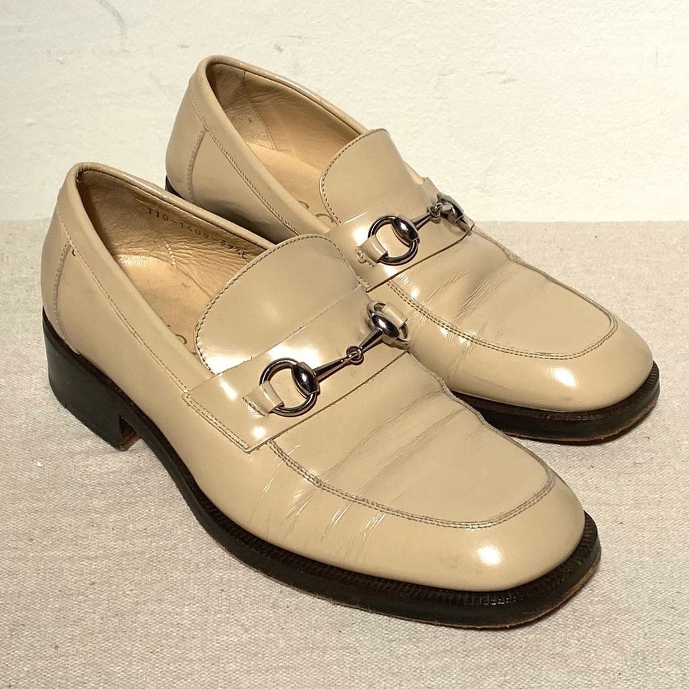 Vintage Y2k Gucci by Tom Ford beige leather silver horsebit loafers size 39.5 E